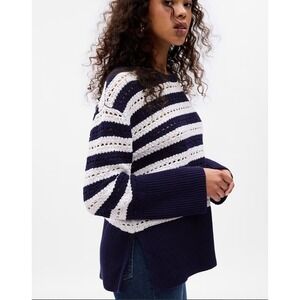 GAP Navy Blue White Striped Split Hem Cotton Pointelle Sweater Large‎ Boxy Fit